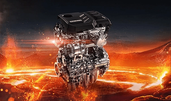 Leistungsstarker Automotor über einer vulkanischen Landschaft mit Lava, Darstellung von Kraft, Technologie und Performance