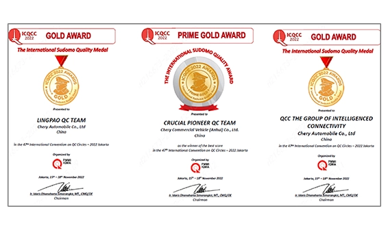 Drei internationale Qualitätsauszeichnungen von IQCC für Chery Automobile - Gold Award und Prime Gold Award Zertifikate aus dem Jahr 2022