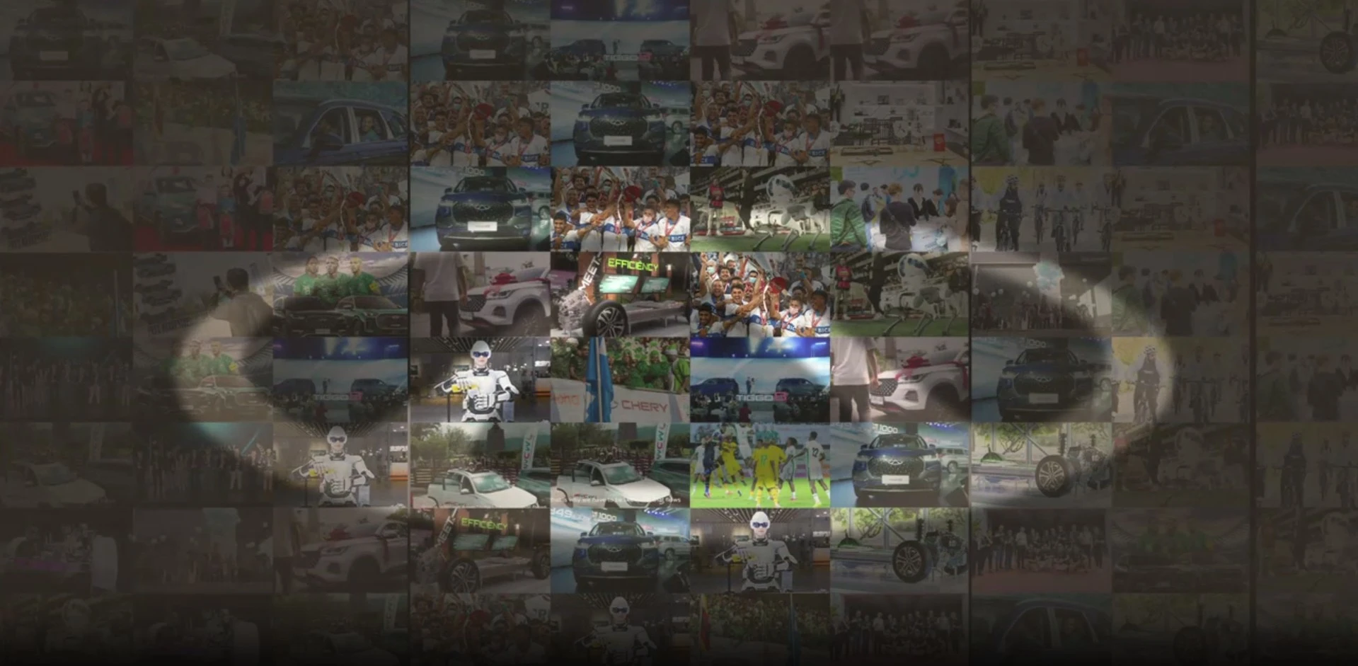 Collage aus Chery Fahrzeugen, Werkstouren, Marketingevents, Roboter-Präsentationen, Fußballteams und Community-Aktivitäten - vielfältige Markenaktivitäten weltweit
