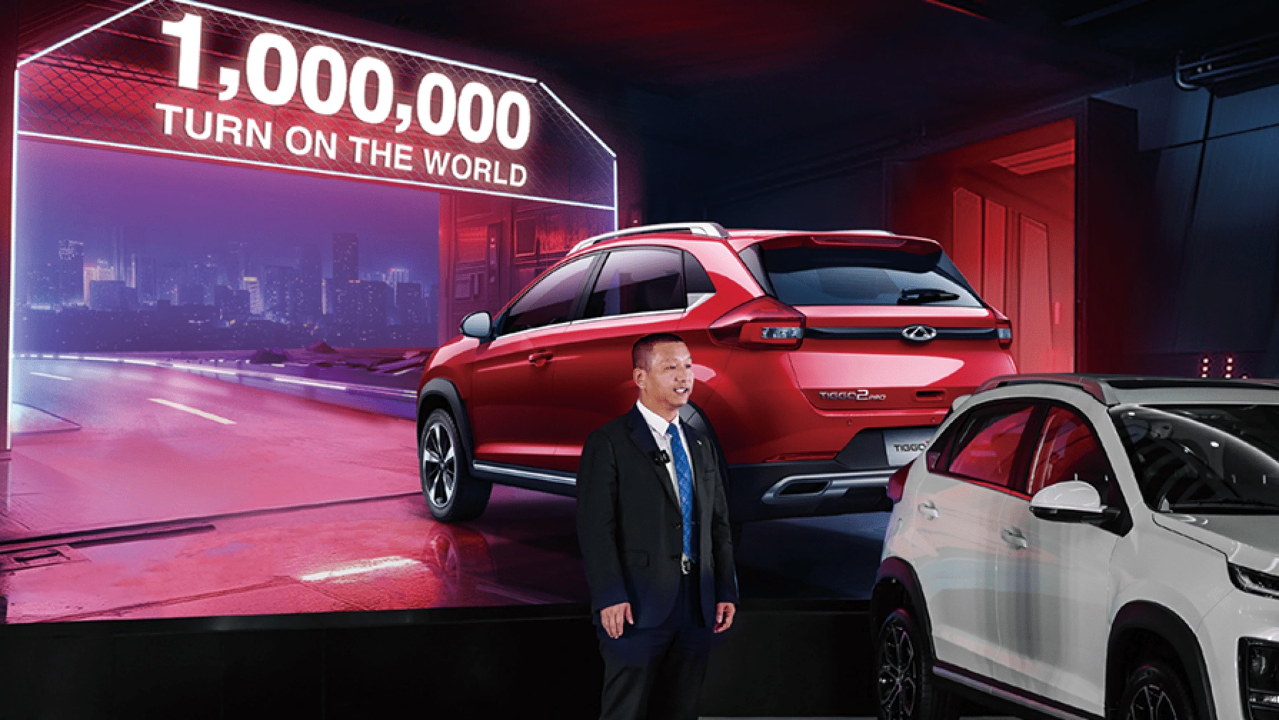 Chery feiert 1 Million exportierte Fahrzeuge weltweit - spektakuläre Bühnenshow mit Tiggo 2 Pro und futuristischer Beleuchtung